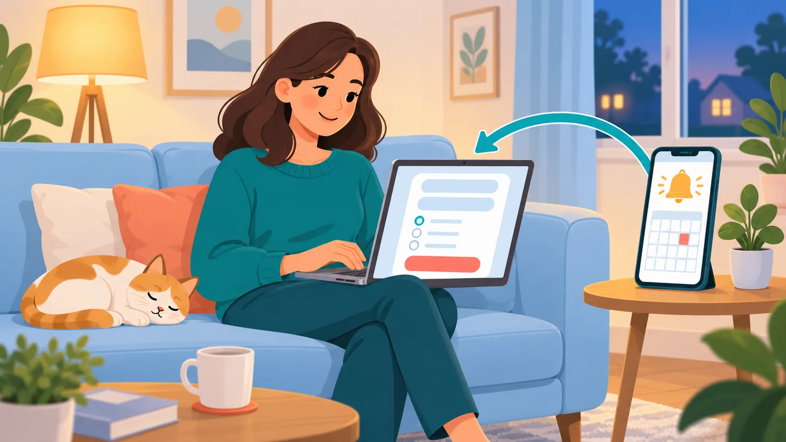Wanita mengisi formulir pengajuan online di sofa