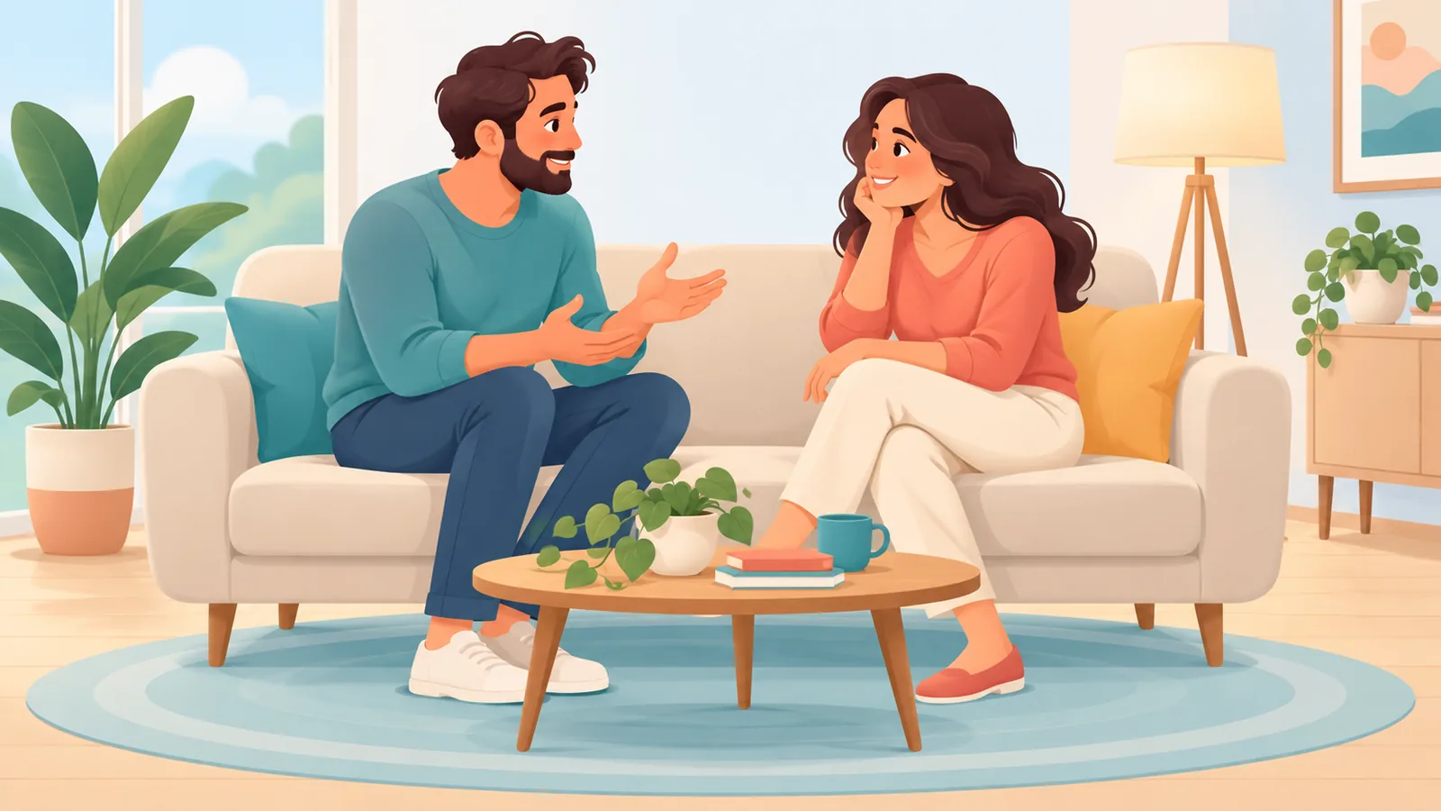 Dua orang berbicara tenang berhadapan di sofa