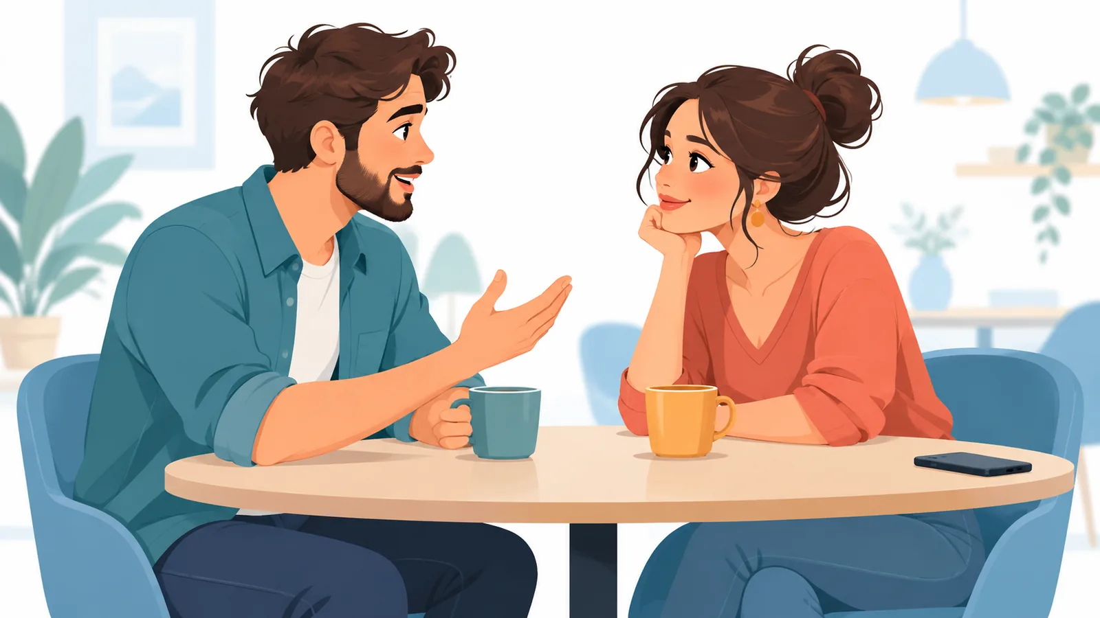 Pasangan mendengarkan dengan penuh perhatian tanpa memegang ponsel