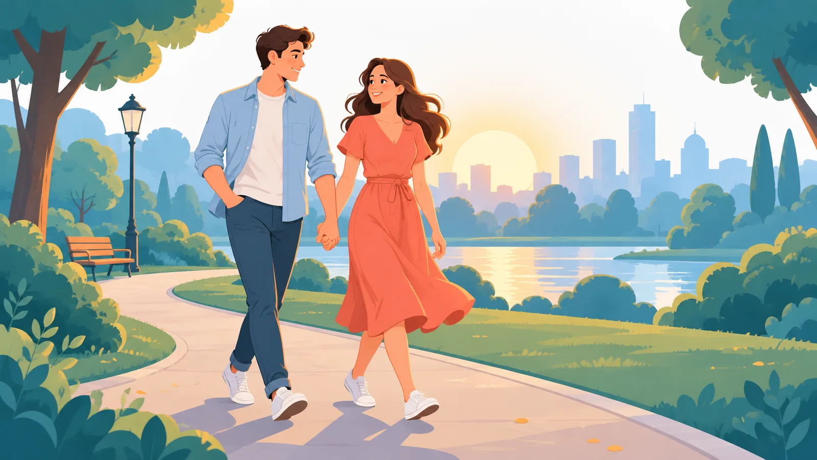 Pasangan berjalan santai di taman saat senja