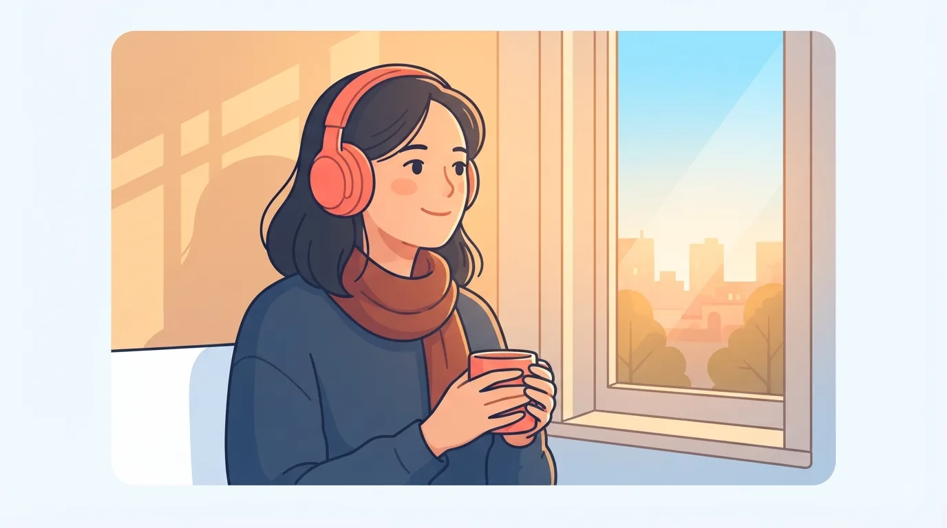 Perempuan tersenyum sambil mendengarkan lagu lewat headphone di dekat jendela