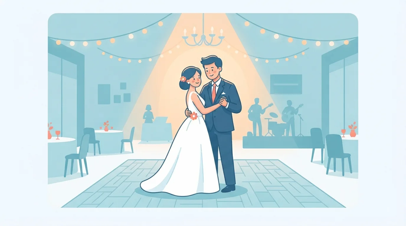 Pengantin berdansa pertama kali di aula pernikahan yang temaram