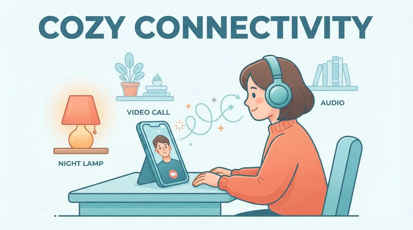 Perempuan melakukan panggilan video sambil memakai headphone pada malam hari