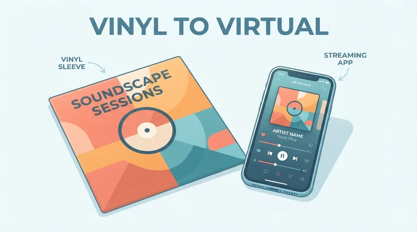 Sampul piringan vinil di samping ponsel yang menampilkan layanan streaming musik