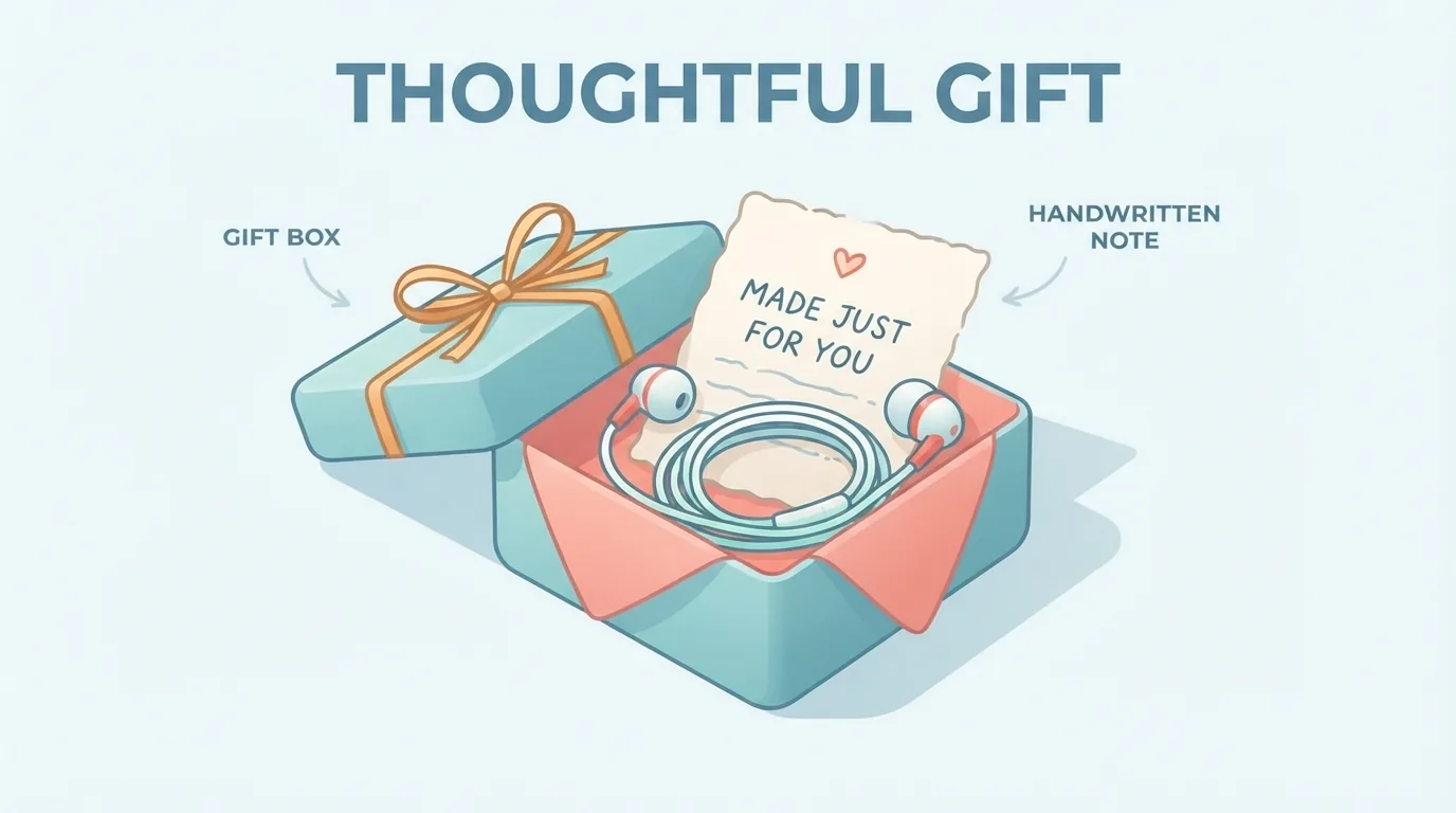 Catatan tulisan tangan di dalam kotak hadiah kecil bersama kabel headphone