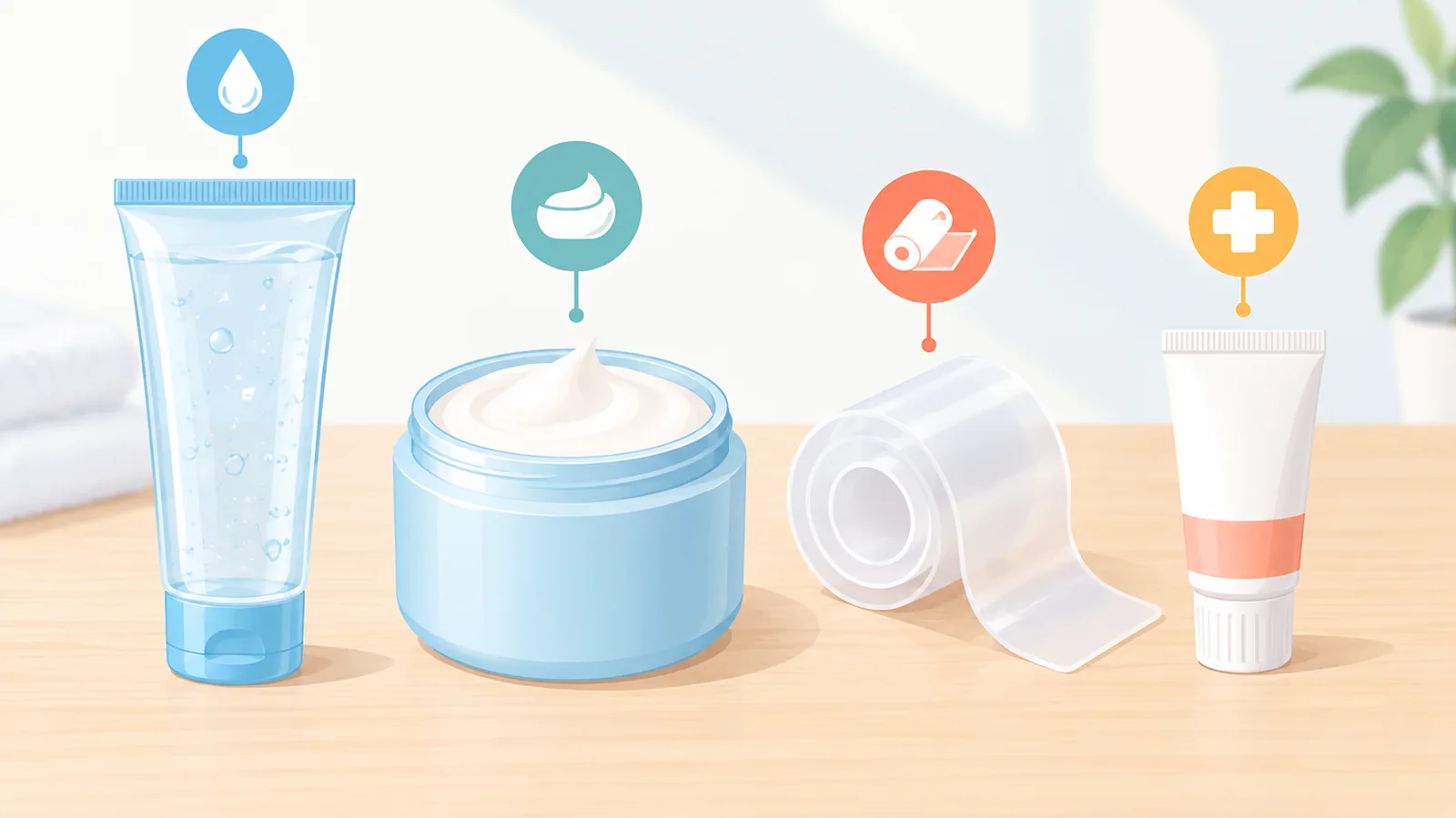Perbandingan bentuk produk bekas luka: gel, krim, lembar silikon, dan salep
