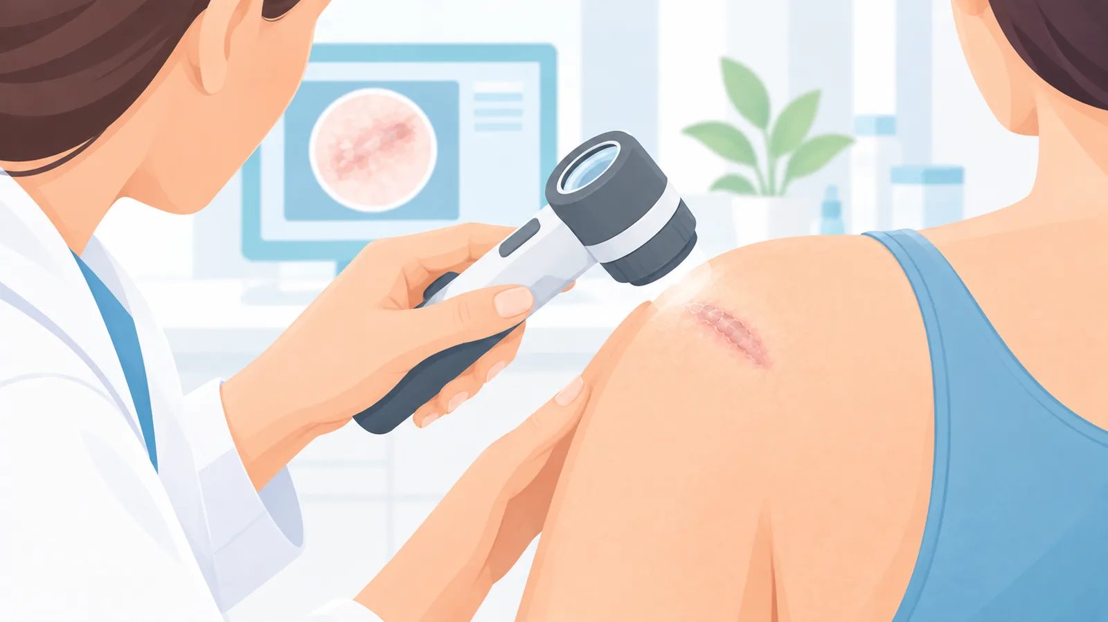 Dokter kulit memeriksa bekas luka yang menonjol