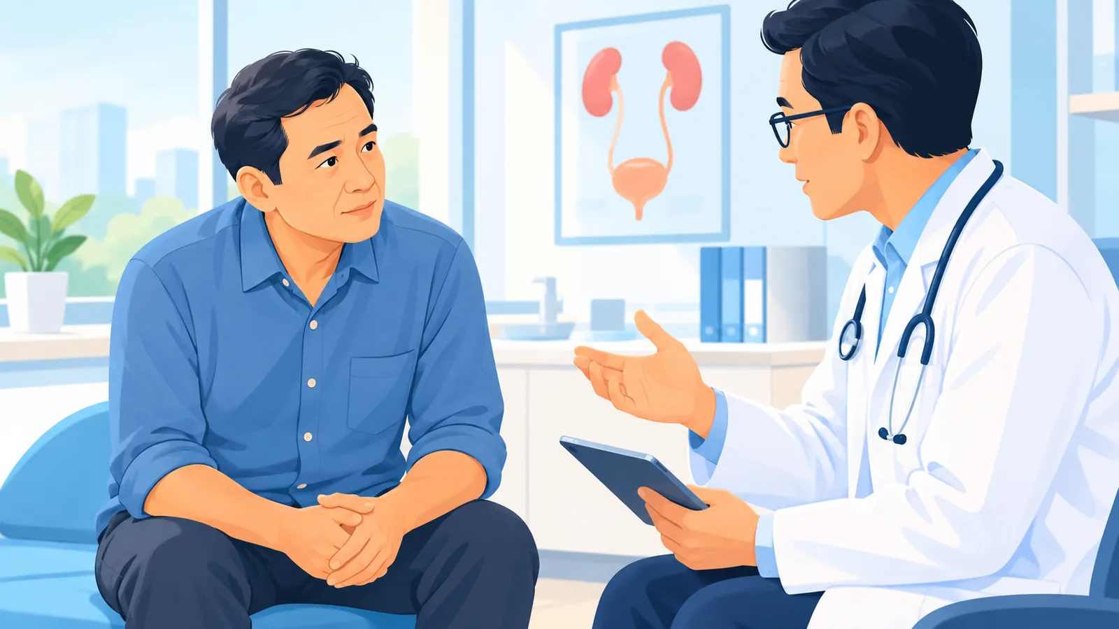Pria paruh baya berkonsultasi dengan dokter di klinik urologi