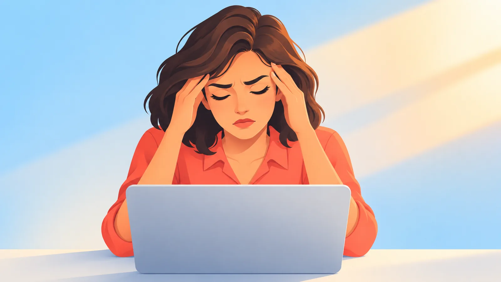Pekerja kantor yang tampak lelah memijat pelipis di depan laptop