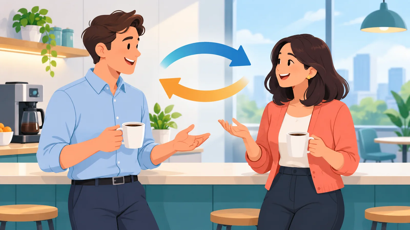 Dua rekan kerja berbincang santai sambil minum kopi di pantri kantor