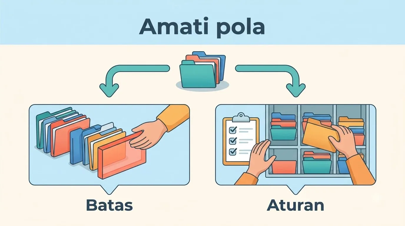 Seseorang membandingkan dua kartu dengan susunan unsur utama dan pelengkap yang berbeda, menggambarkan kebingu