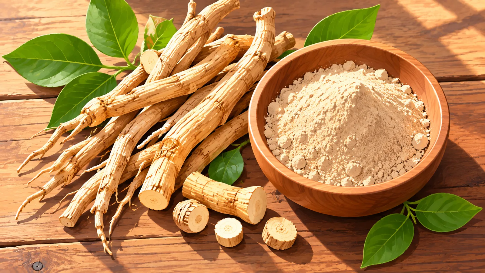 Akar ashwagandha kering dan semangkuk bubuk herbal di atas meja kayu