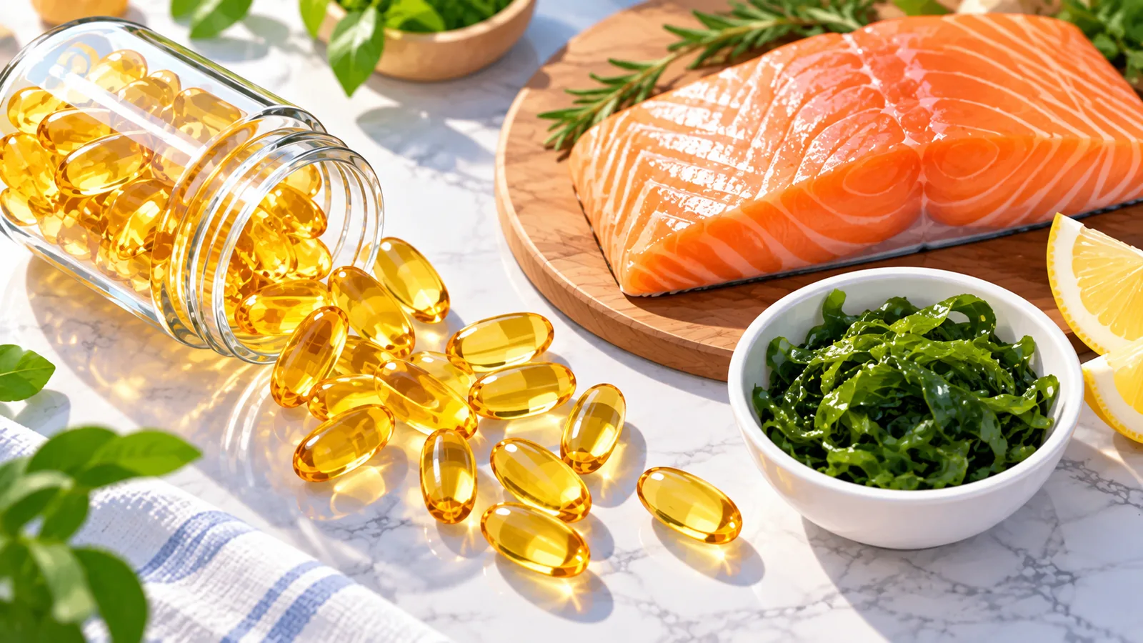 Kapsul omega-3 bersama ikan salmon segar dan alga