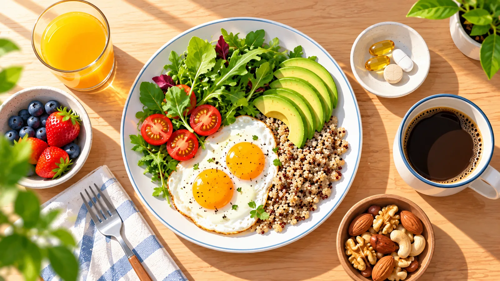 Sarapan sehat dengan telur, sayuran hijau, dan tablet vitamin