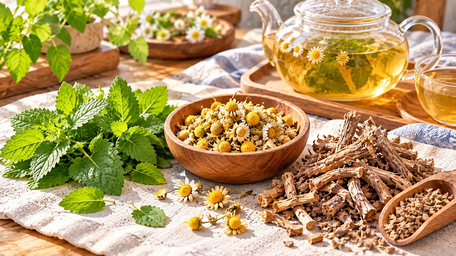 Lemon balm, chamomile, dan akar valerian di samping teko kaca