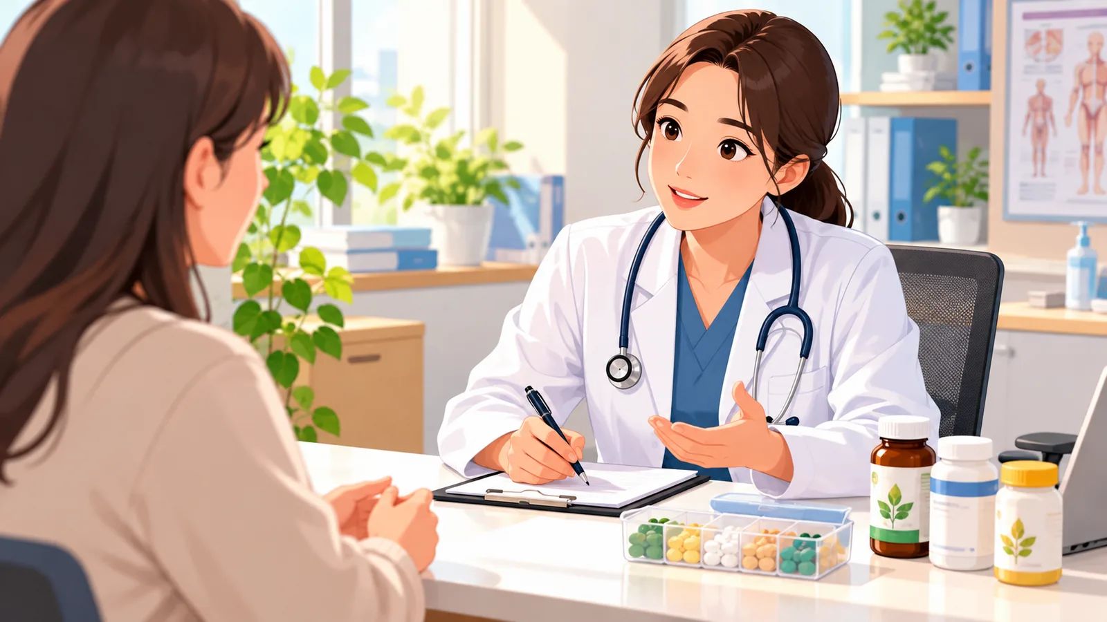 Dokter mendengarkan pasien di ruang praktik yang terang