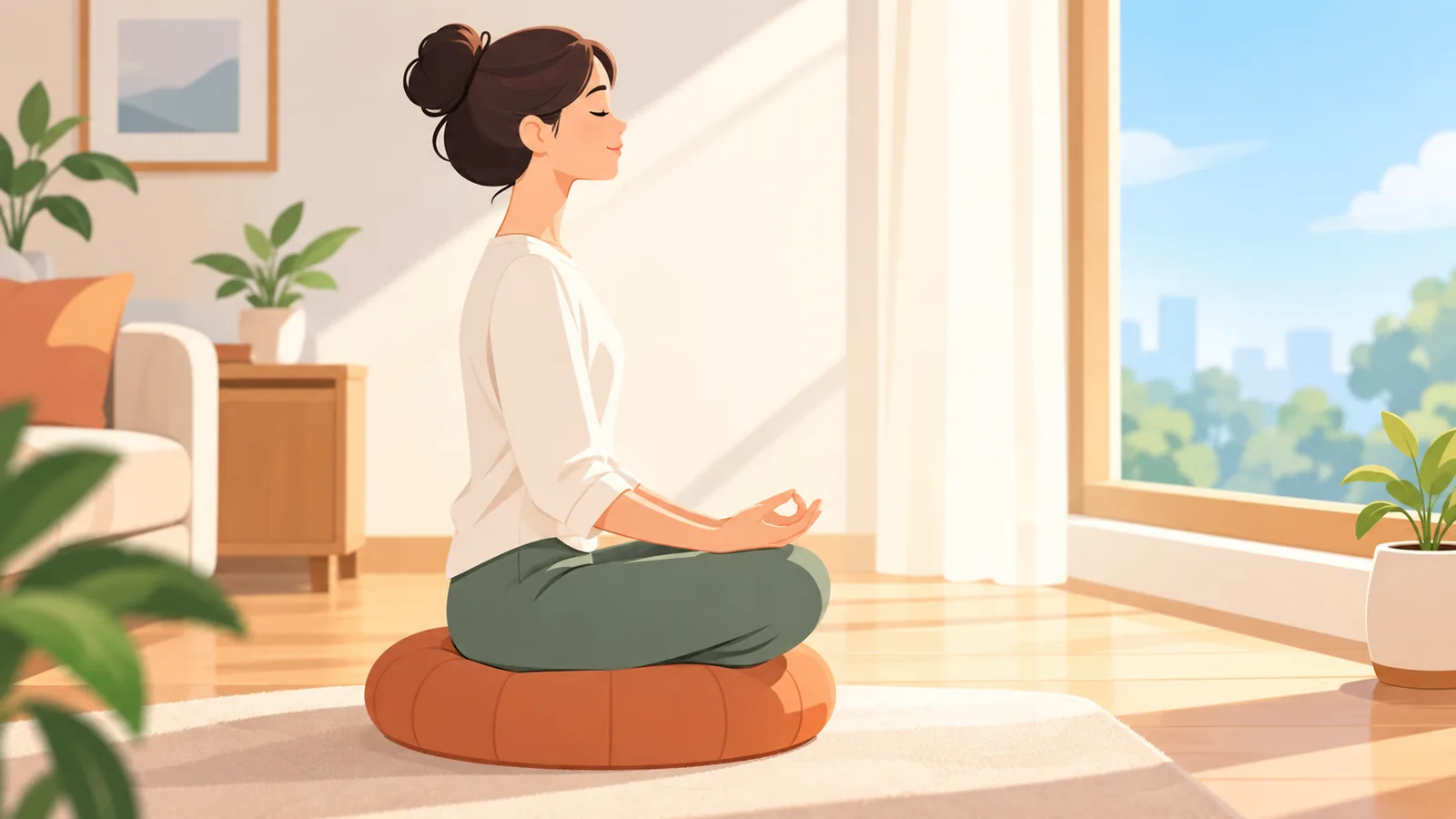 Orang duduk bersila di atas bantal meditasi di sudut ruangan yang tenang