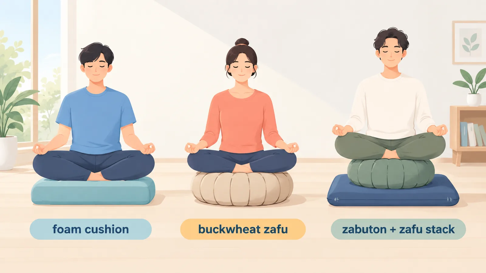 Berbagai jenis alas duduk meditasi tertata di lantai kayu
