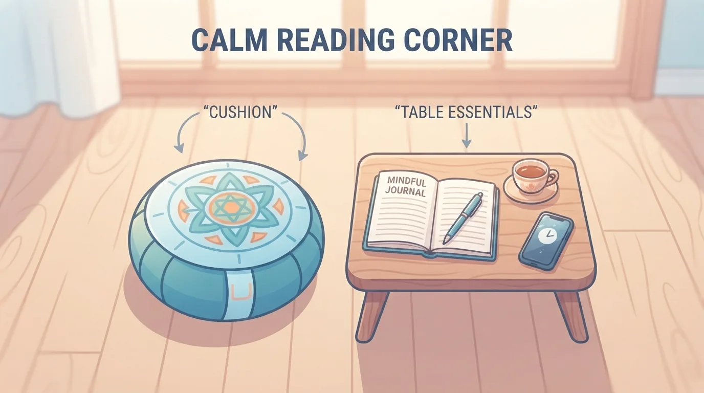Tujuh pilihan bantal dan bangku meditasi berjajar untuk dibandingkan