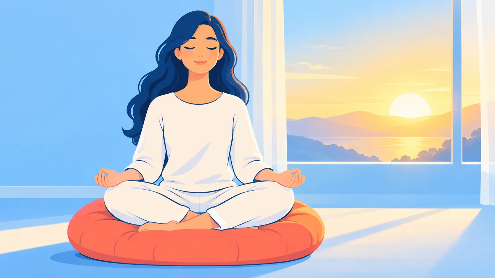Orang duduk bersila di atas bantal dekat jendela kamar saat fajar untuk meditasi pagi