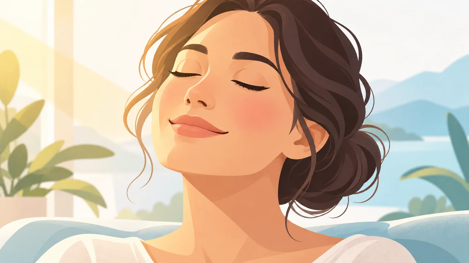Wajah rileks seseorang dengan mata terpejam yang menggambarkan manfaat meditasi pagi
