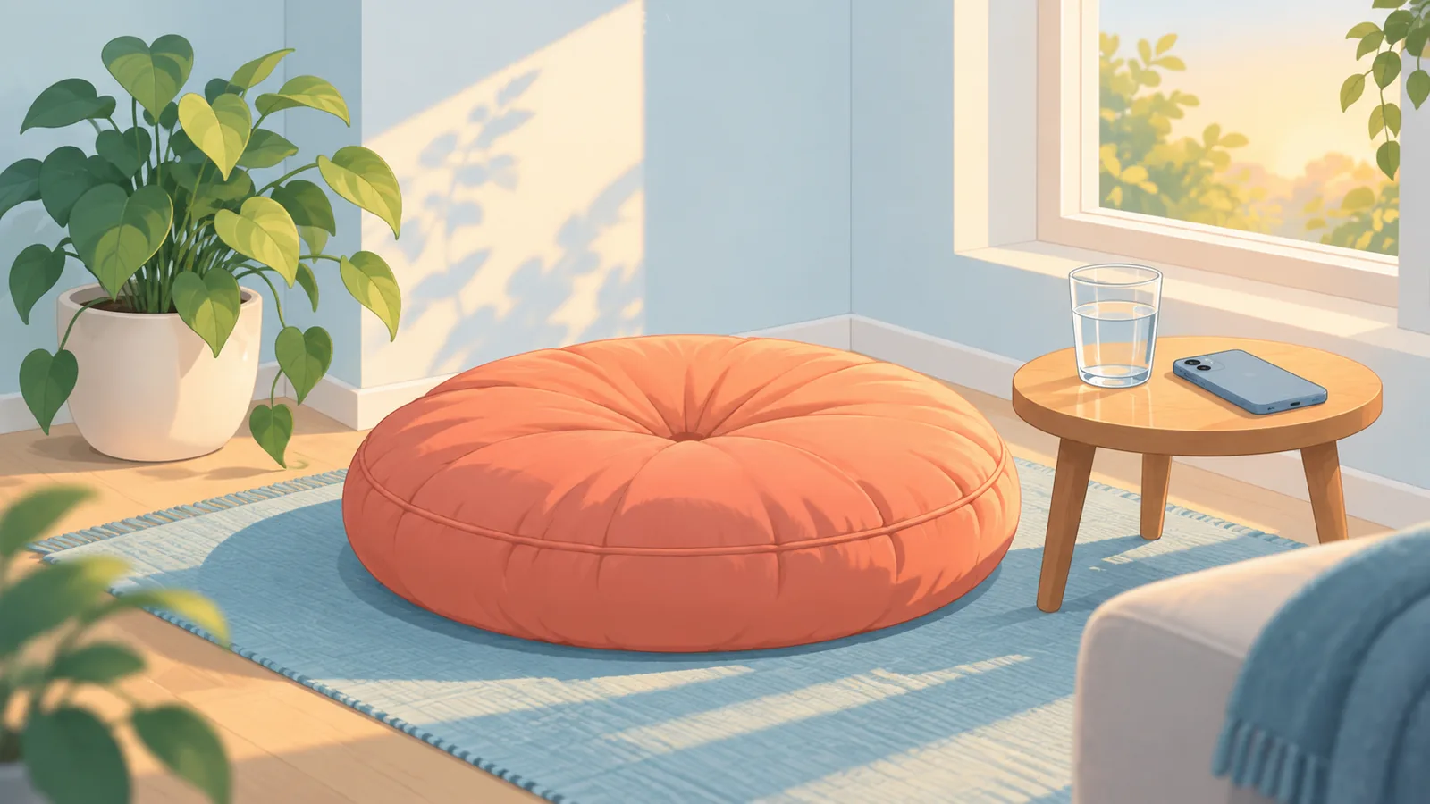 Sudut ruangan tenang dengan bantal duduk, tanaman, dan segelas air untuk persiapan meditasi