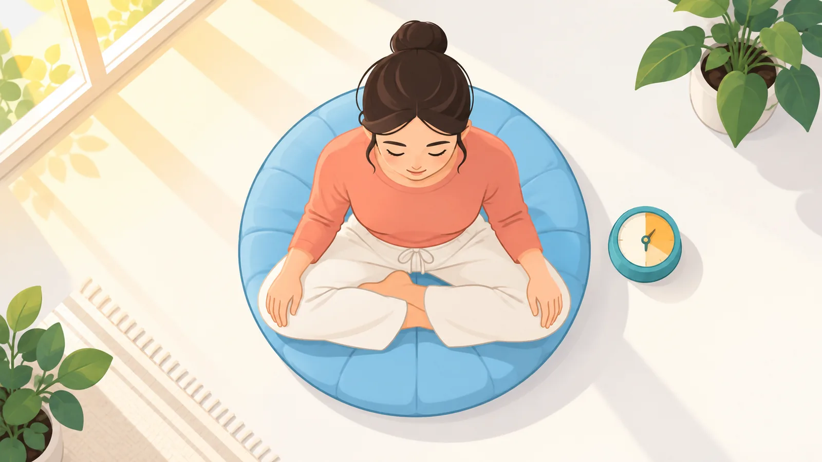 Pandangan atas orang duduk di bantal dengan timer di sampingnya saat meditasi pagi