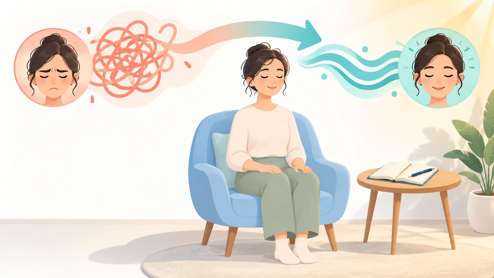 Orang di kursi yang kembali tenang saat pikirannya mengembara ketika bermeditasi