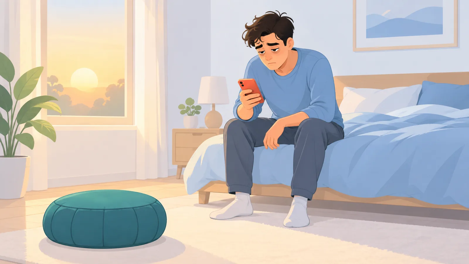 Orang memeriksa ponsel di tepi tempat tidur dengan bantal meditasi yang belum dipakai