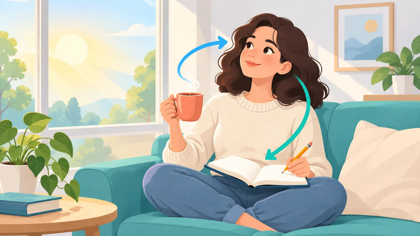Orang duduk di sofa dengan secangkir teh sambil merenungkan pertanyaan seputar meditasi
