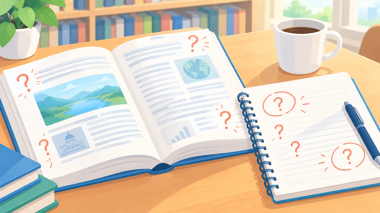 Buku dan catatan dengan tanda tanya di meja perpustakaan