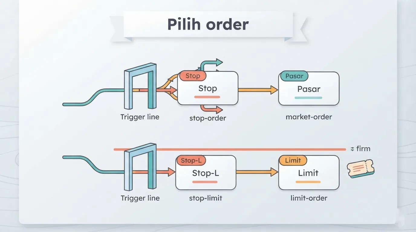 Order stop menjadi order pasar setelah terpicu, sedangkan order stop-limit menjadi order limit yang bisa tetap
