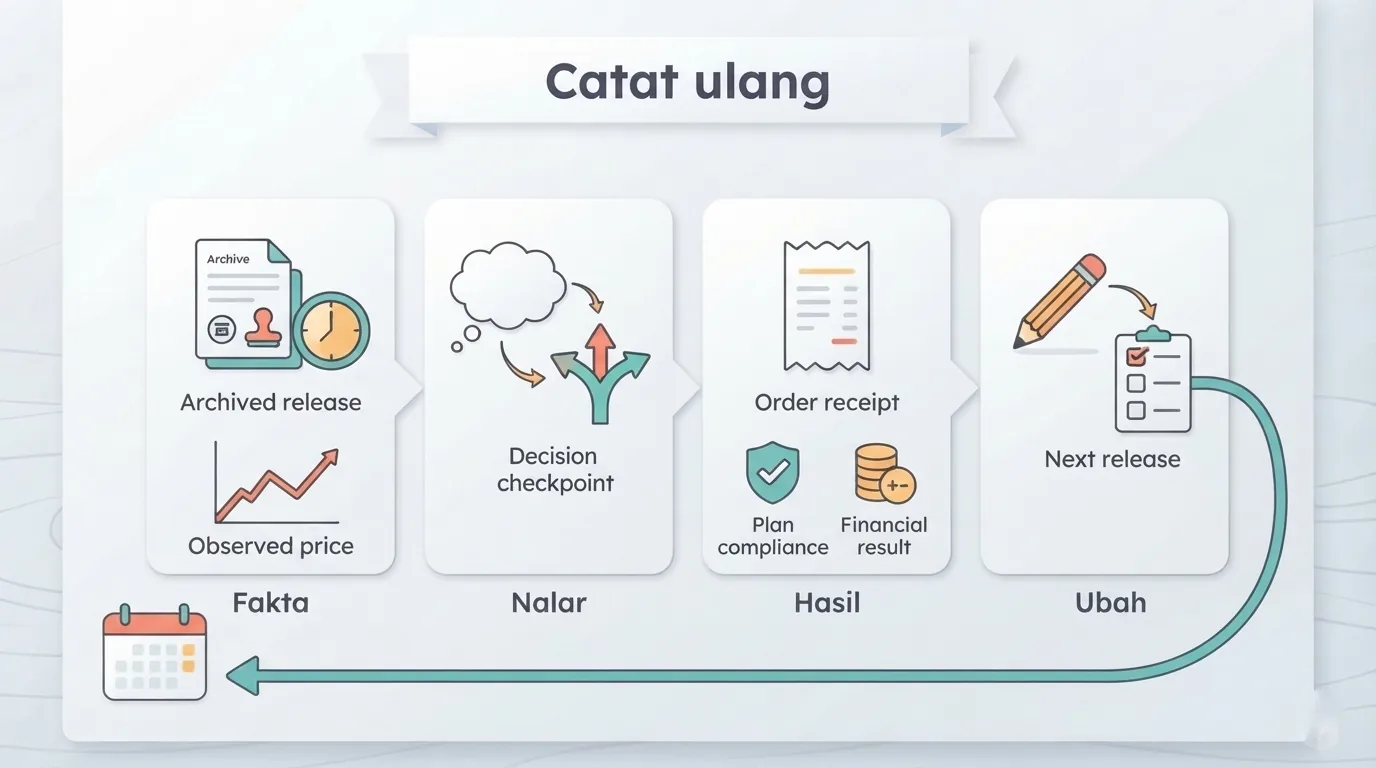Lembar evaluasi memisahkan fakta saat rilis, penafsiran, hasil order, dan perbaikan untuk persiapan berikutnya