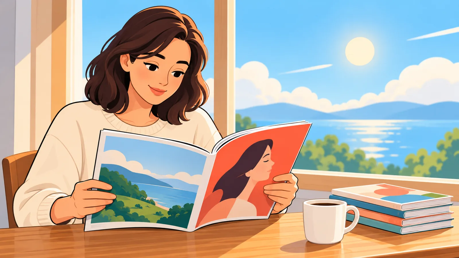 Pembaca menikmati majalah sastra di meja dekat jendela