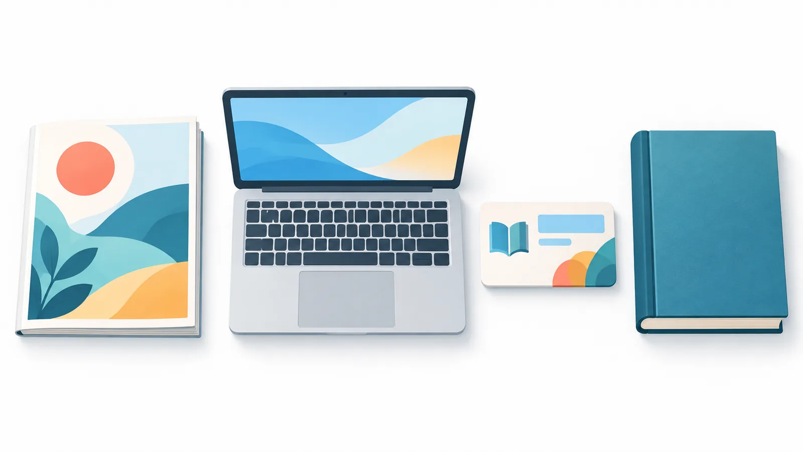 Empat cara membaca: majalah, laptop, kartu perpustakaan, dan buku