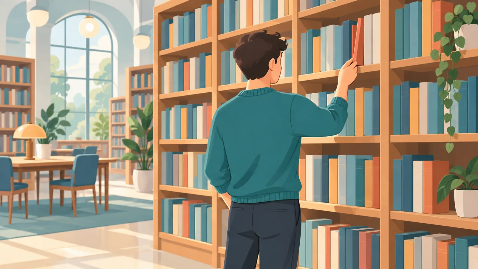 Memilih bacaan pertama di perpustakaan