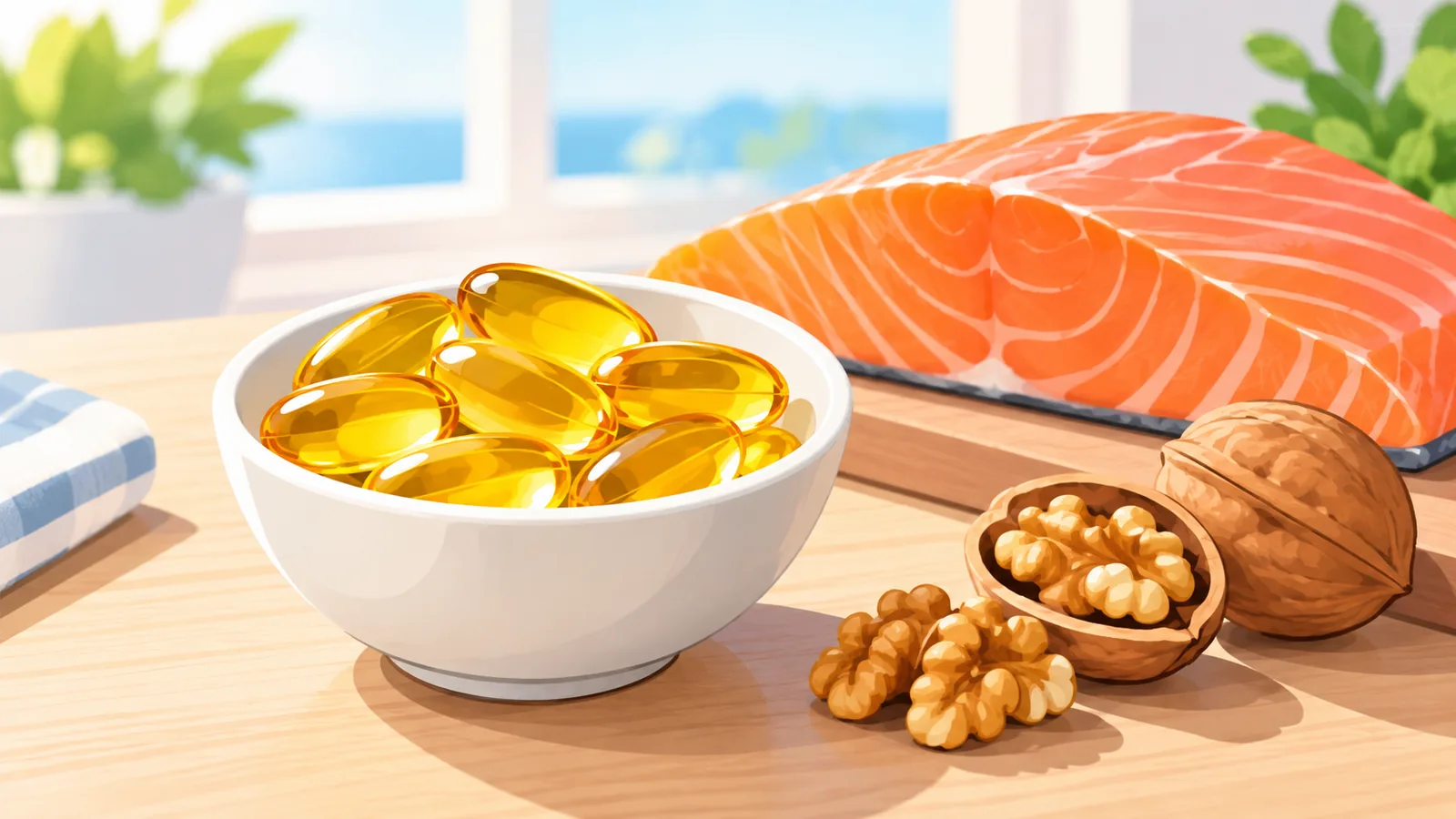 Kapsul minyak ikan bersama salmon segar dan kenari di meja dapur