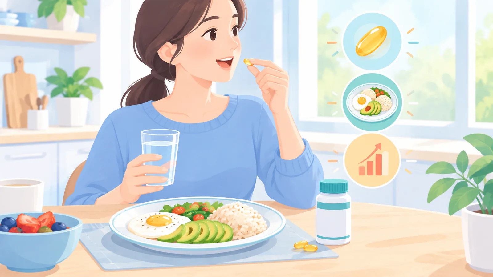 Seseorang minum suplemen bersama sarapan yang mengandung lemak sehat
