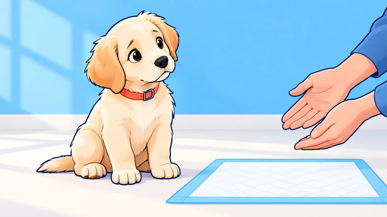 Anak anjing duduk di dekat puppy pad di ruang tamu apartemen