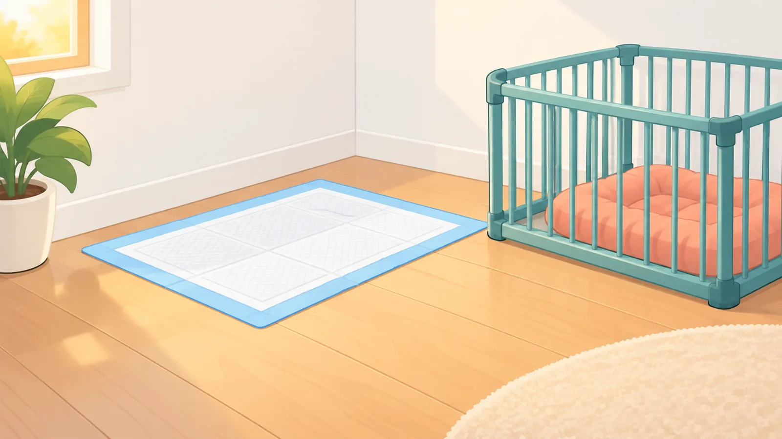 Puppy pad diletakkan di satu sudut ruangan yang tenang