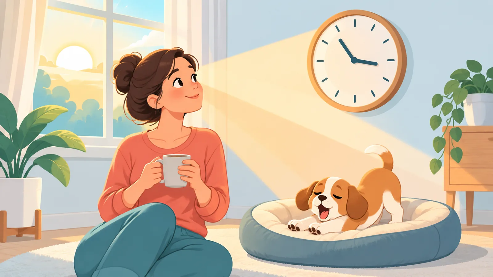 Anak anjing baru bangun tidur dan pemilik memperhatikan waktu