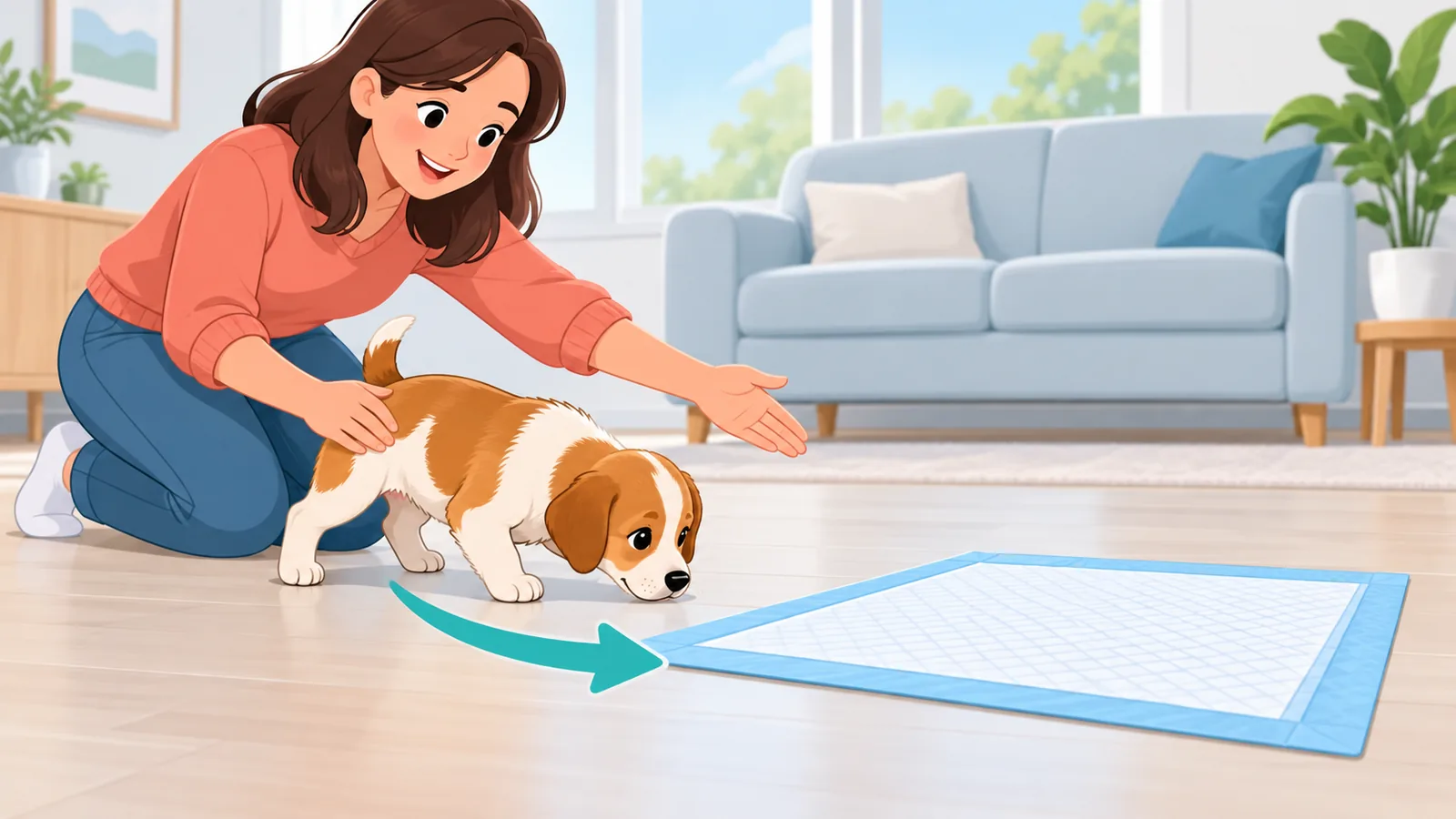 Pemilik mengantar anak anjing yang mengendus menuju puppy pad