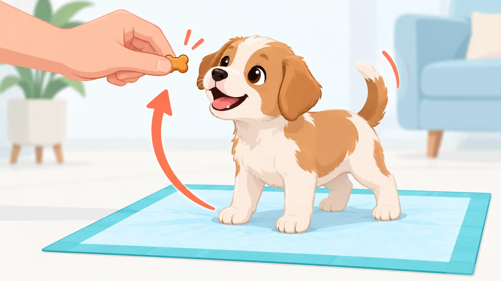 Anak anjing diberi camilan setelah buang air di pad