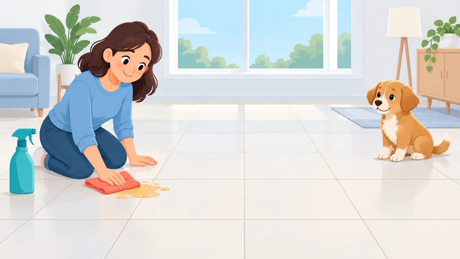 Pemilik membersihkan lantai dengan tenang saat anak anjing salah tempat