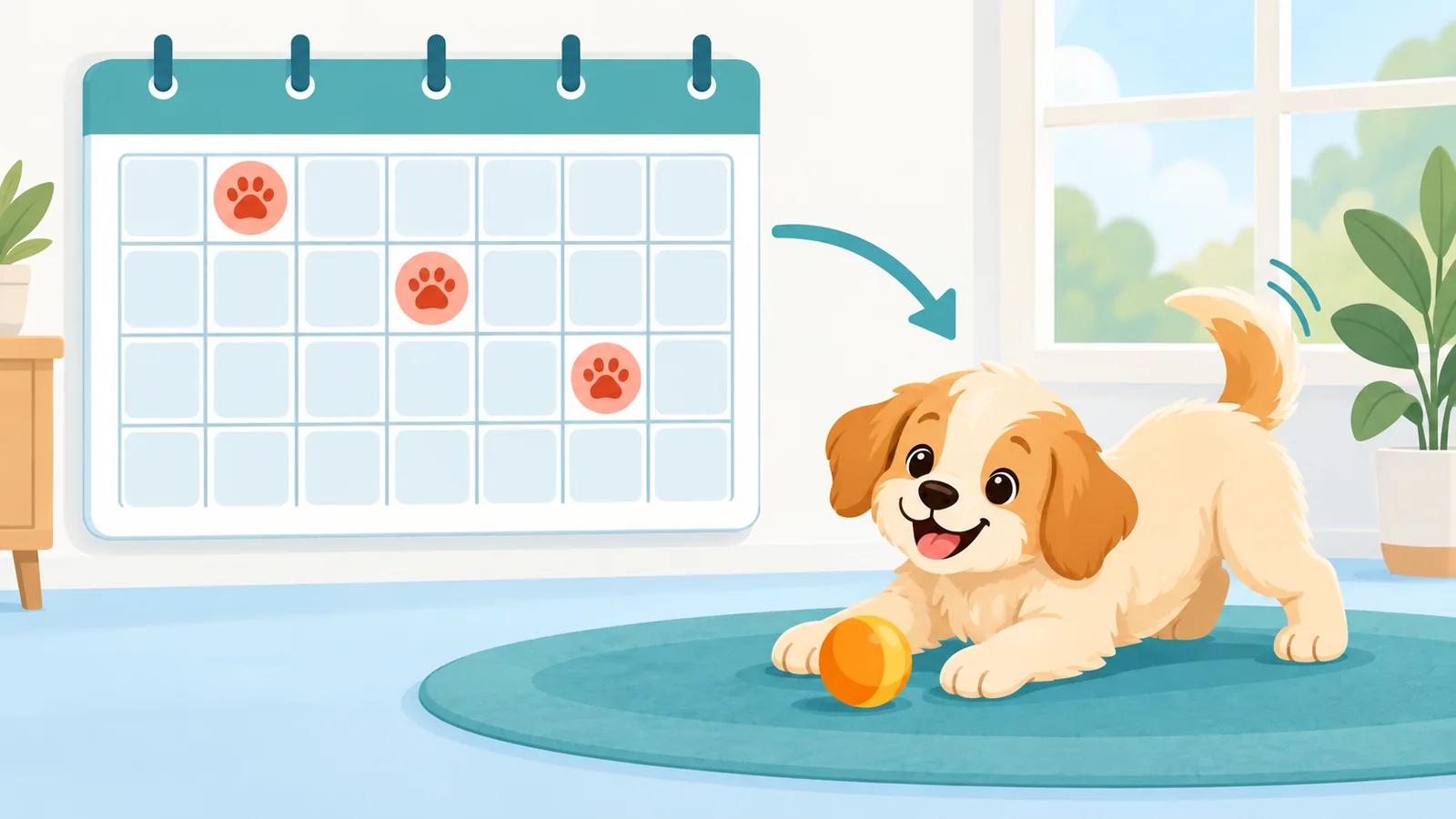 Kalender dan anak anjing yang sedang belajar, menggambarkan lamanya latihan