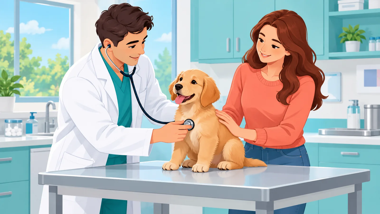 Dokter hewan memeriksa anak anjing di klinik