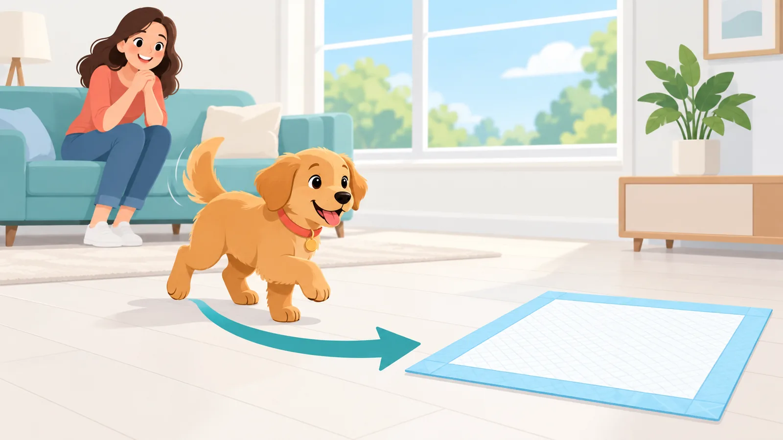 Anak anjing berjalan sendiri menuju puppy pad dengan pemilik tersenyum
