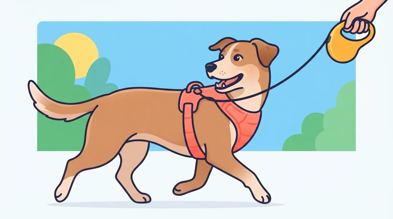 Anjing berjalan di taman dengan harness