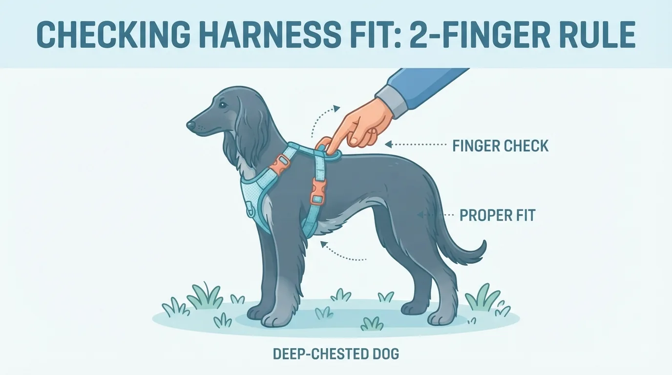 Memeriksa pas harness pada anjing berdada dalam