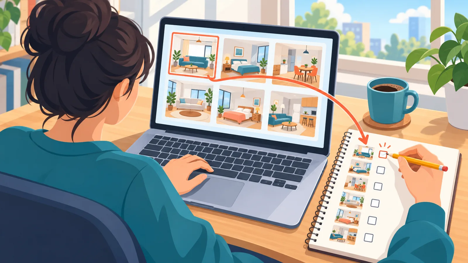 Laptop menampilkan daftar iklan apartemen yang sedang dibandingkan